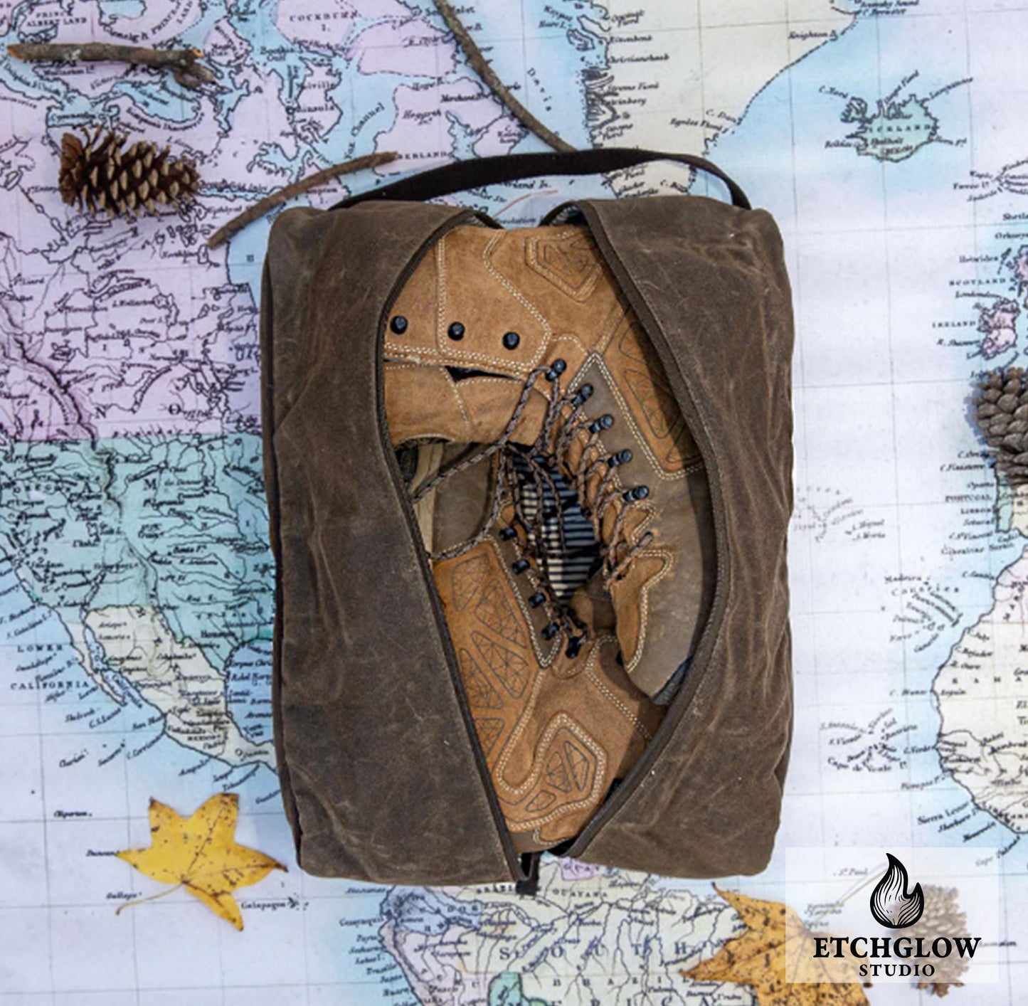Rugged Waxed Canvas Shoe Bag – Personalized Travel Organizer