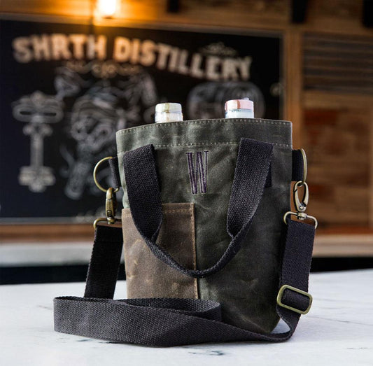 Rugged Waxed Canvas Wine Tote – Personalized Double Bottle Carrier