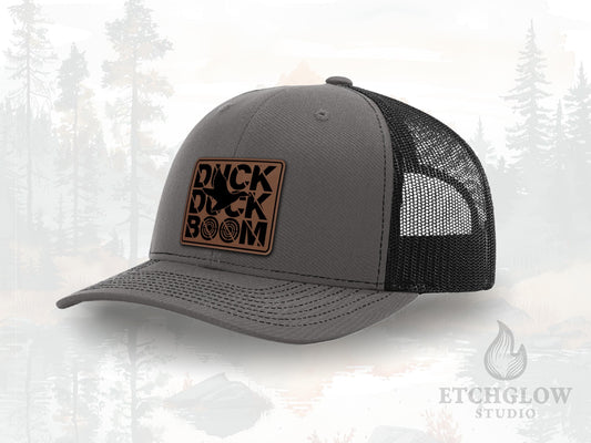 Duck, Duck. Boom Patch with Flying Duck – Funny Hunting Trucker Hat – Leatherette Patch
